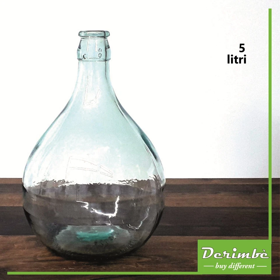 Damigiana di vetro trasparente 5 litri, vintage, design arredo, bocca scheggiata