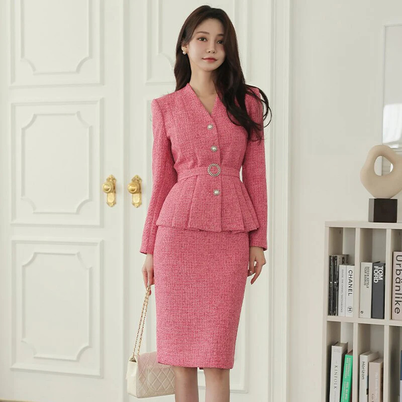 Suit Autumn Breasted V Neck Jacket coat Pocket Skirt Two Piece Set