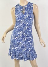 MICHAEL KORS Blue & White Paisley Matte Jersey Tie-Neck Ruffle Hem Tank Dress XS