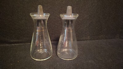 Vintage Pyrex Oil & Vinegar Salt And Pepper Set Black Stoppers Gold Tone Worn