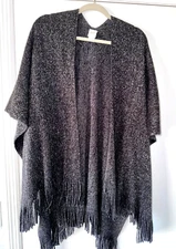 Women's Black and Silver Glitter Cardigan Sweater Poncho Shawl L/XL