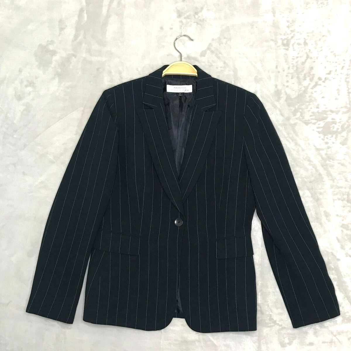 Tahari ASL Blazer Womens 8 Navy Blue Pinstripe Single Button Lined