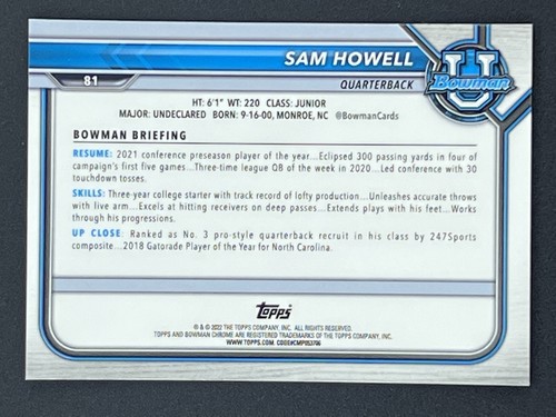 SAM HOWELL 2021-22 Bowman University #85 Chrome Refractor - Picture 2 of 2