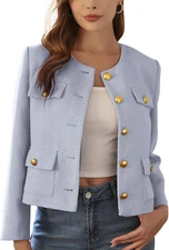 2025 Women Tweed Jacket Cropped Blazers Spring Summer Elegant round Neck Pockets