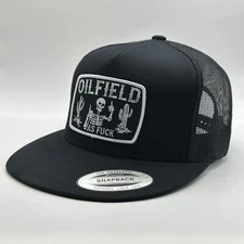 Oilfield  Skull Trucker Hat Yupoong Classic 6006 Snapback  Flat Bill Black