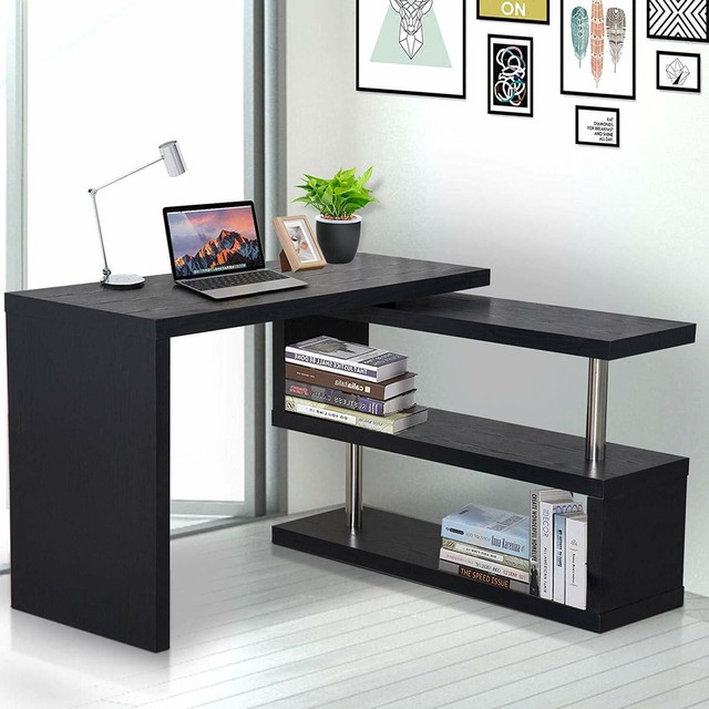 Black Office Computer Desk High Gloss 2 Shelves Storage Home Study