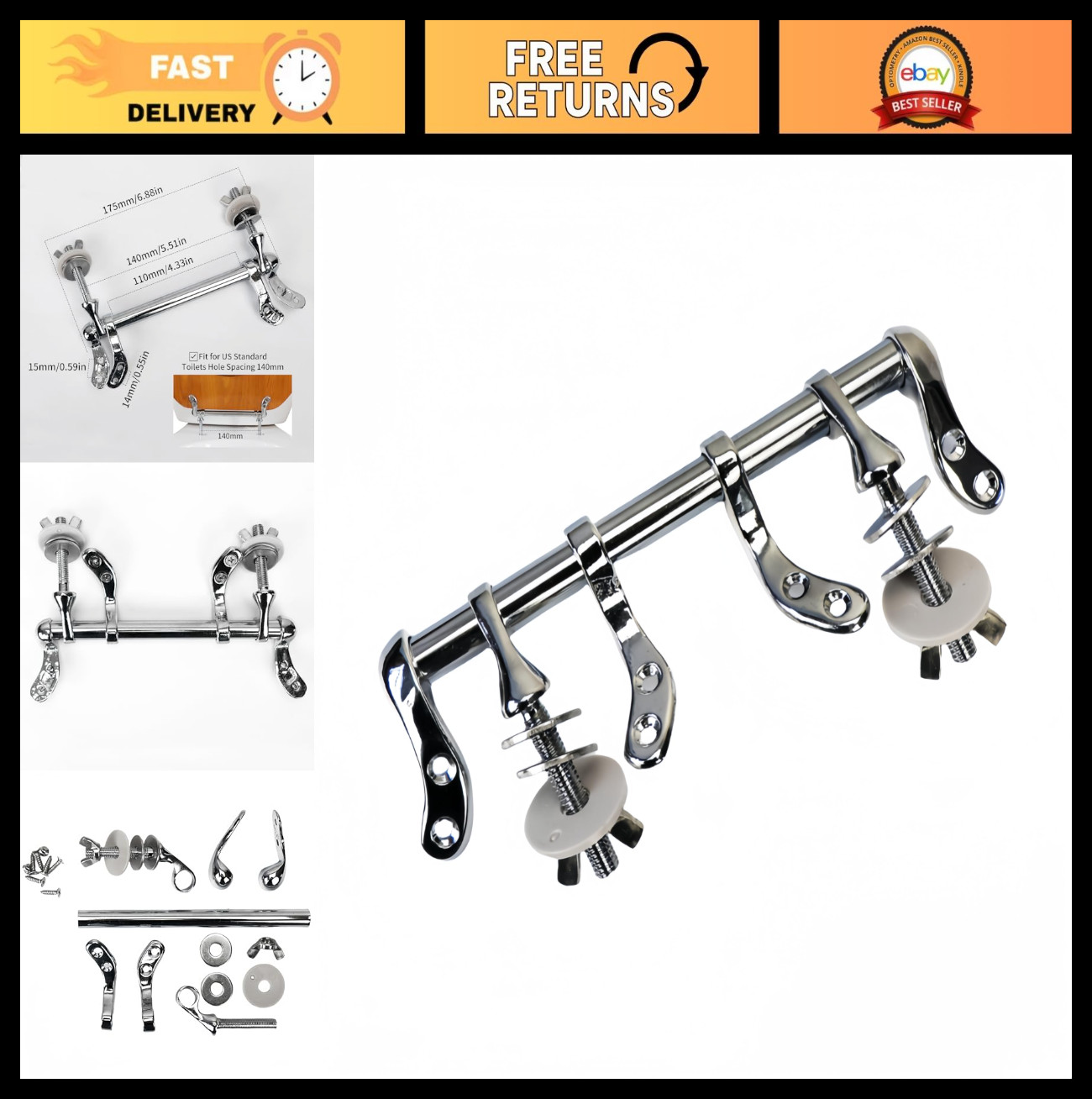 Hinges - Chrome Finish, 140mm Hole Distance, Easy Install, R