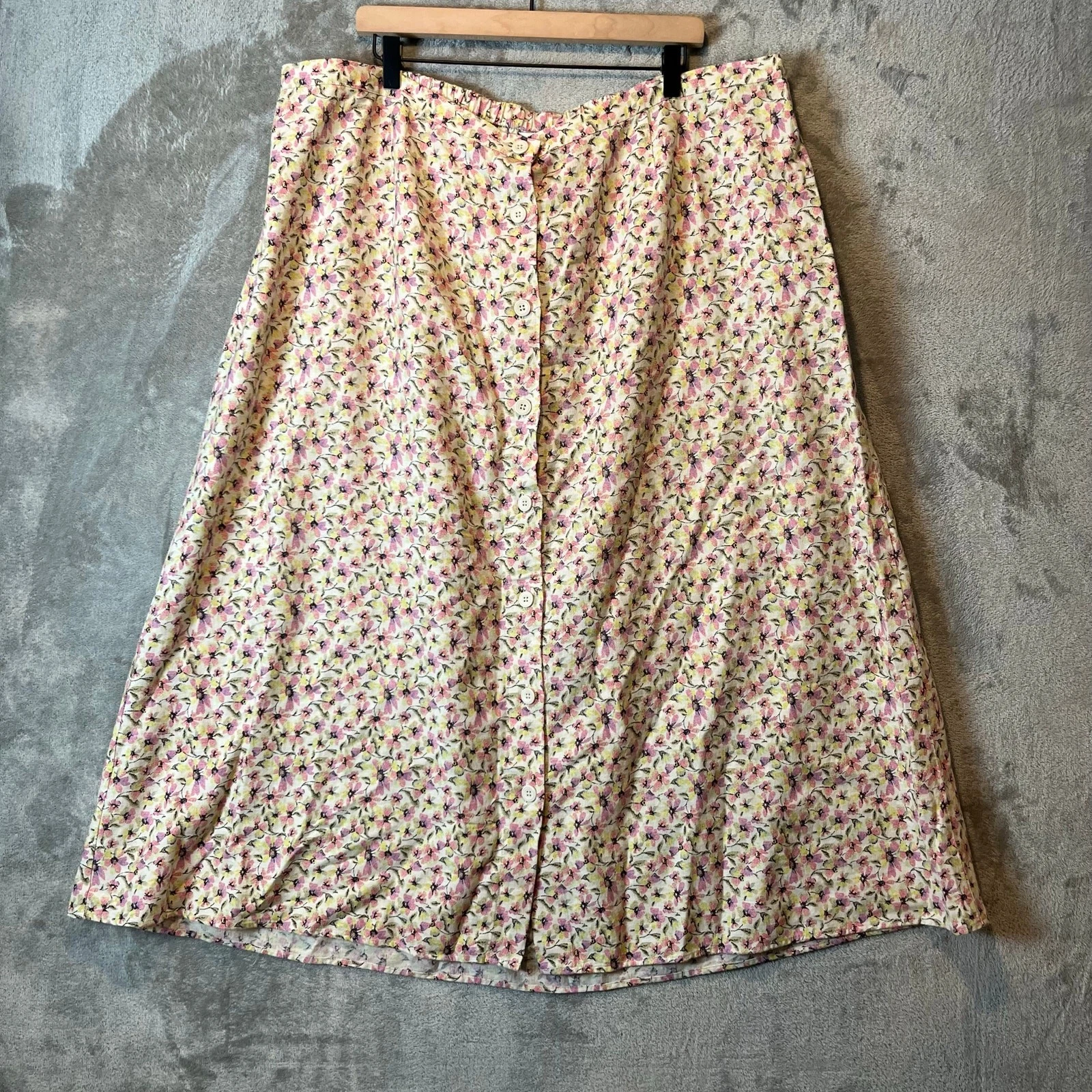 Vintage Floral Button Front Midi Skirt Cottagecore Boho Retro Linen Blend 3X