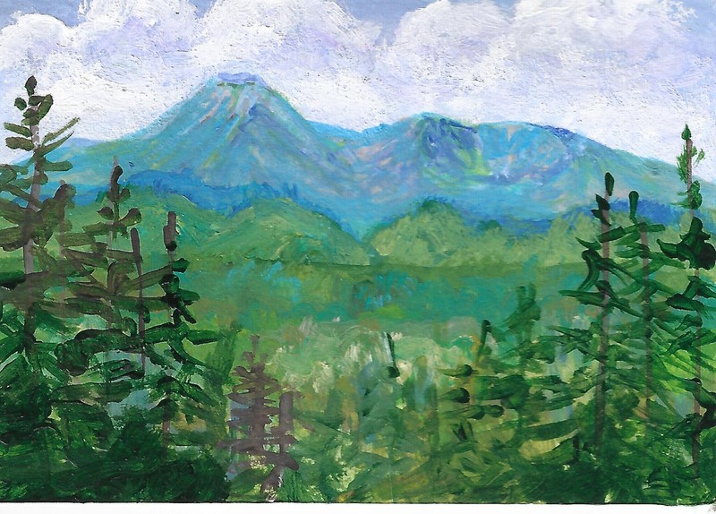 ATC aceo several spruce frame Mt. Katahdin in early summer, boreal forests
