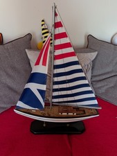 Model Of A Yacht, Wooden Hull I Navy Blue, White And Red, White And Blue Sails