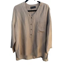 Donna Karan New York Vintage Linen Silk Blend Beige Long-Sleeve Tunic Blouse Shi