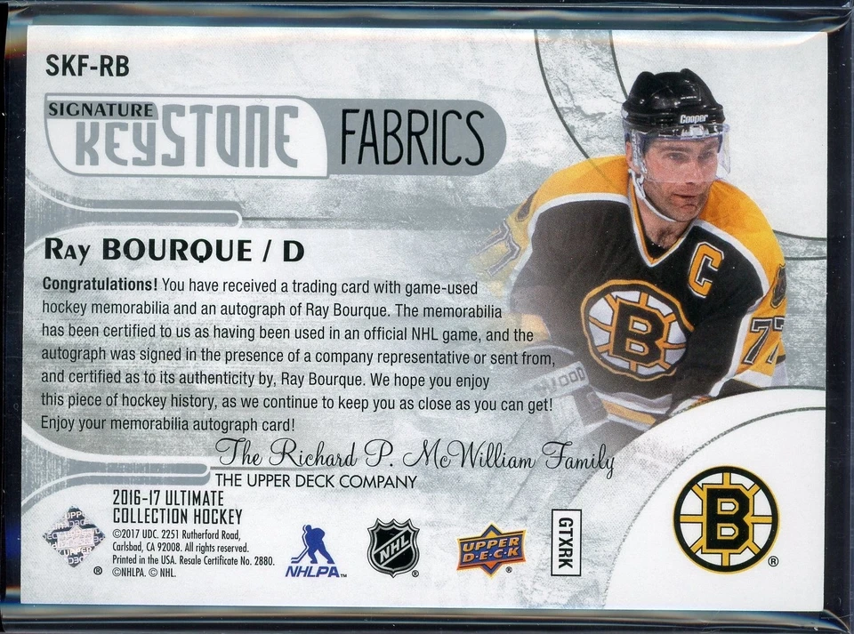 2016-17 Ultimate Collection Keystone Fabrics /15 Ray Bourque Auto #SKF-RB FG01 - Image 2 of 2