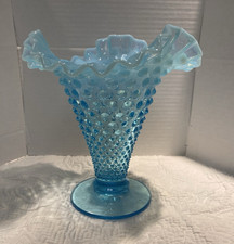 Vintage Fenton Blue Opalescent Hobnail Glass Vase Ruffled Rim