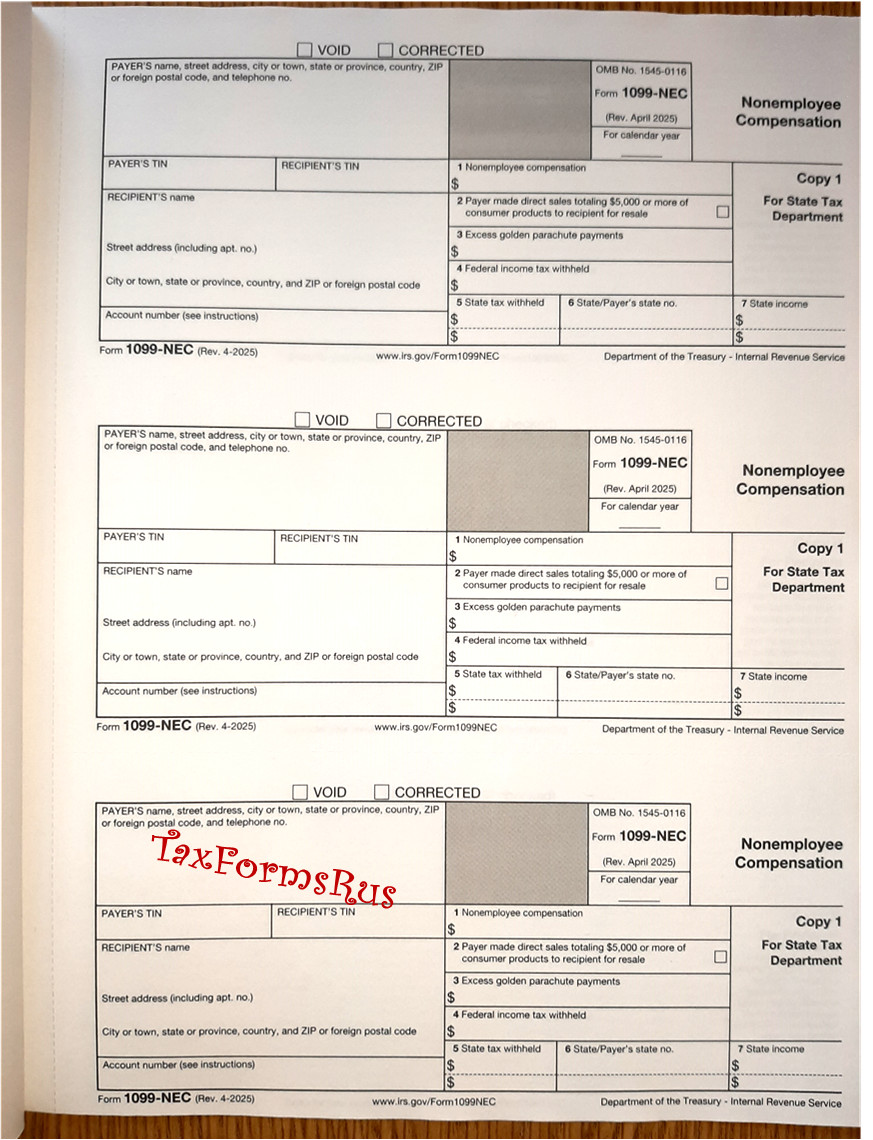 2025 IRS TAX FORM KIT: 1099-NEC for 6 recipients+envelopes+(1)1096 NONcarbonless