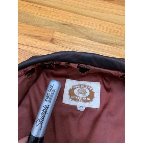 Overland Sheepskin Co. Men's Leather Bomber Flight Jacket Brown Size 42 image 6