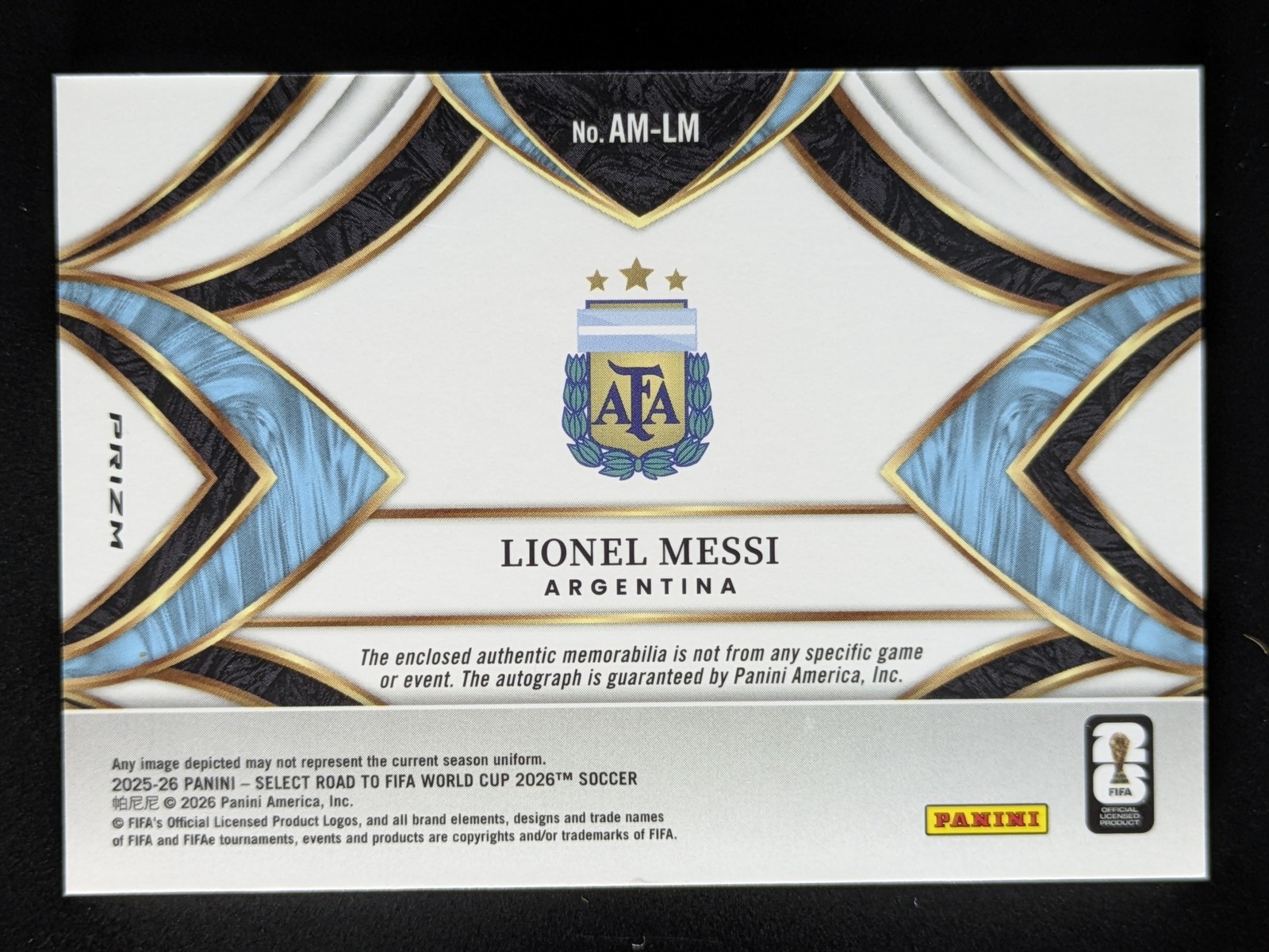 2025-26 Panini Select FIFA W/C LIONEL MESSI Patch Auto Silver Prizm SP #AM-LM view 2