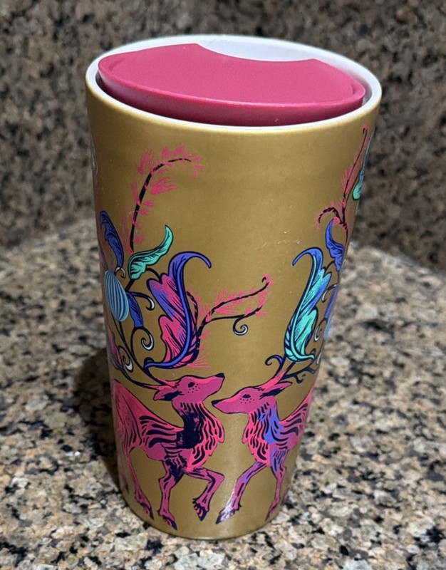 Starbucks 2024 Two Deers 12 oz Ceramic Tumbler & Lid Pink Gold Christmas NEW
