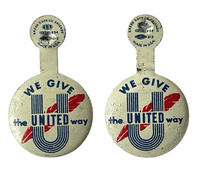 Vintage We Give The United Way Set of 2 Fold Over Tab Badge Pins Green Duck USA