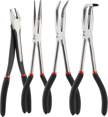 Mayouko 4PCS Long Reach Pliers Set - 11'' Needle Nose, 45 & 90 Bent Nose,