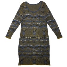 Peruvian Connection Knit Sweater Dress Womens XL Long Sleeve Blue Olive Metallic