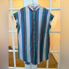 Madewell Womens Striped Multicolor Linen Dress Button Up Boxy Collared Size XL