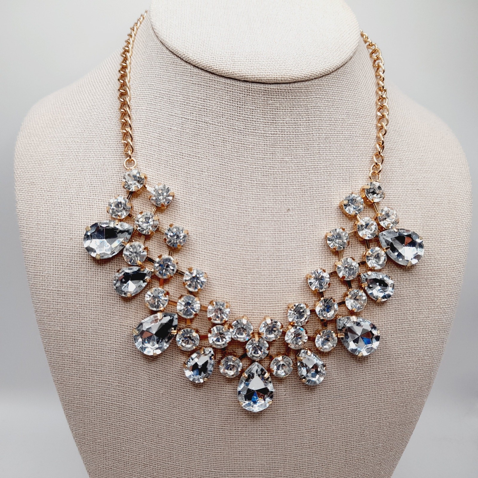 Clear Rhinestone Gold Tone Statement Necklace Bri… - image 1