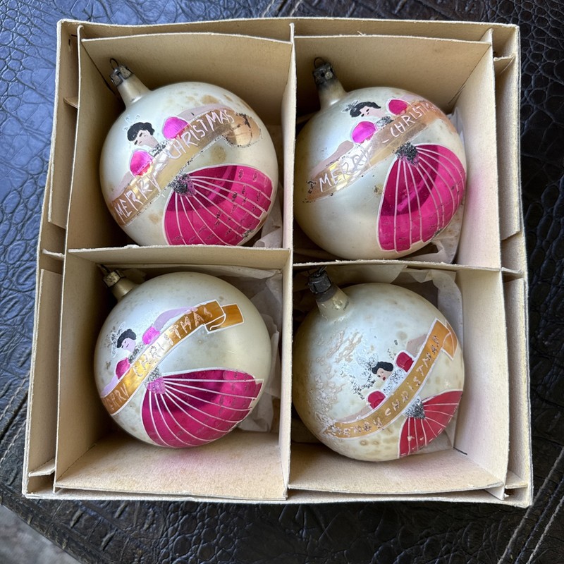 4 Jumbo Vintage Christmas Ornaments Mercury Glass Antique Polish in Box Princess