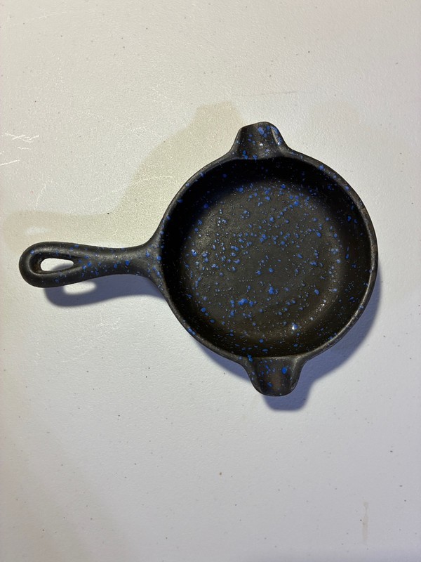 Vintage Cast Iron Skillet Ash Tray / Spoon Rest Blue Speckled 3.75