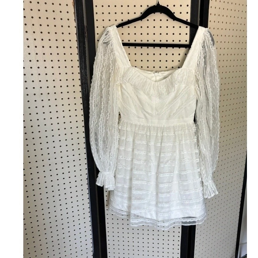 Mini Vestido ML Monique Lhuillier Blanco Encaje Manga Bishop Talla 0 — Novia Foto 4 de 4