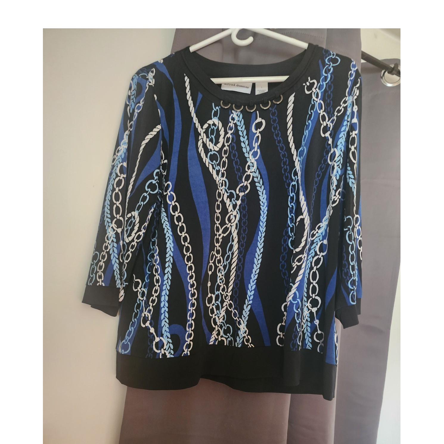 Alfred Dunner Black Blue White Chain Print Top L Women’s 3/4 Sleeve Pullover