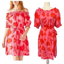 Mersea Womens Midi Dress Size L Floral Off Shoulder Short Puff Sleeve Feminine