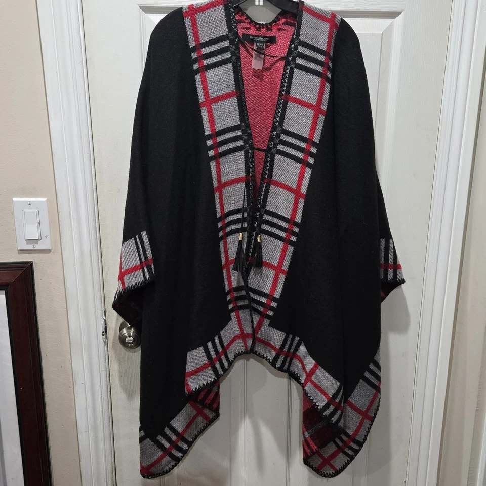 Poncho/suéter para mujer MARC New York envolvente frente abierto talla única negro/rojo/gris Foto 3 de 4