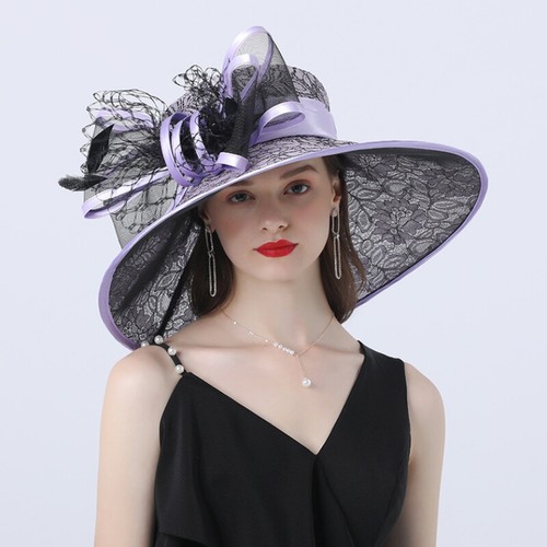 Hot Women Mesh Floral Pattern Organza Hat Wide Brim Cap Cocktail Party Wedding - Picture 18 of 26