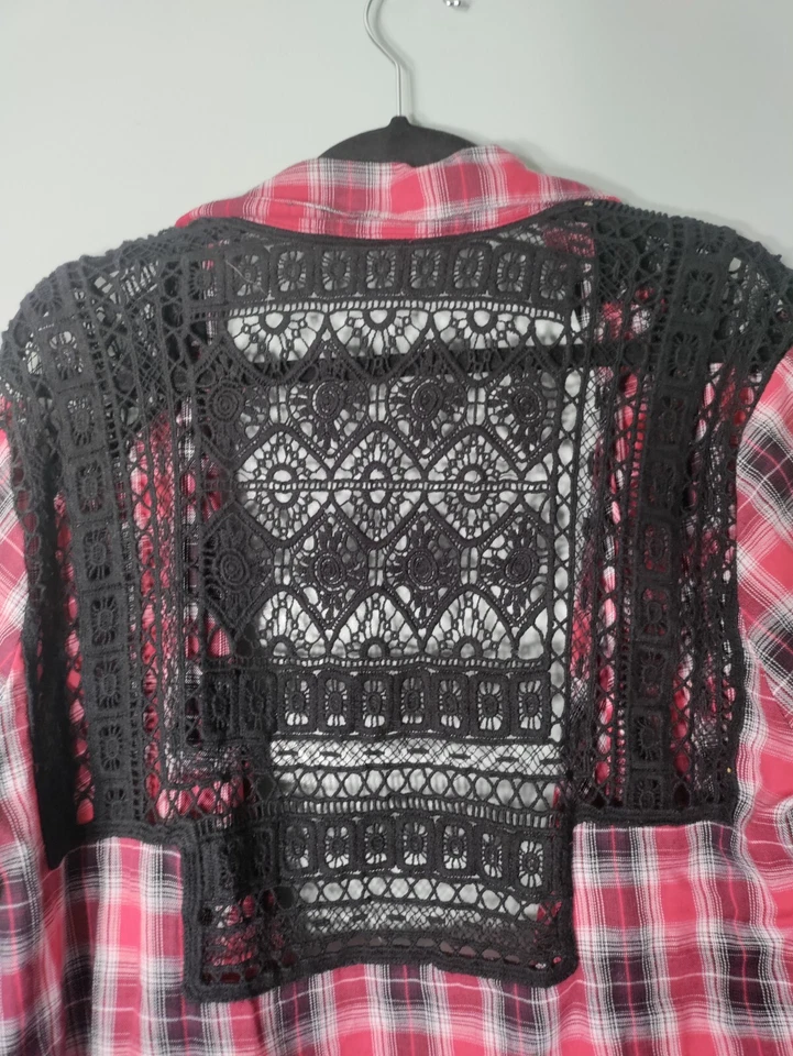 Cárdigan Democracy de franela a cuadros con encaje trasero Foto 2 de 4