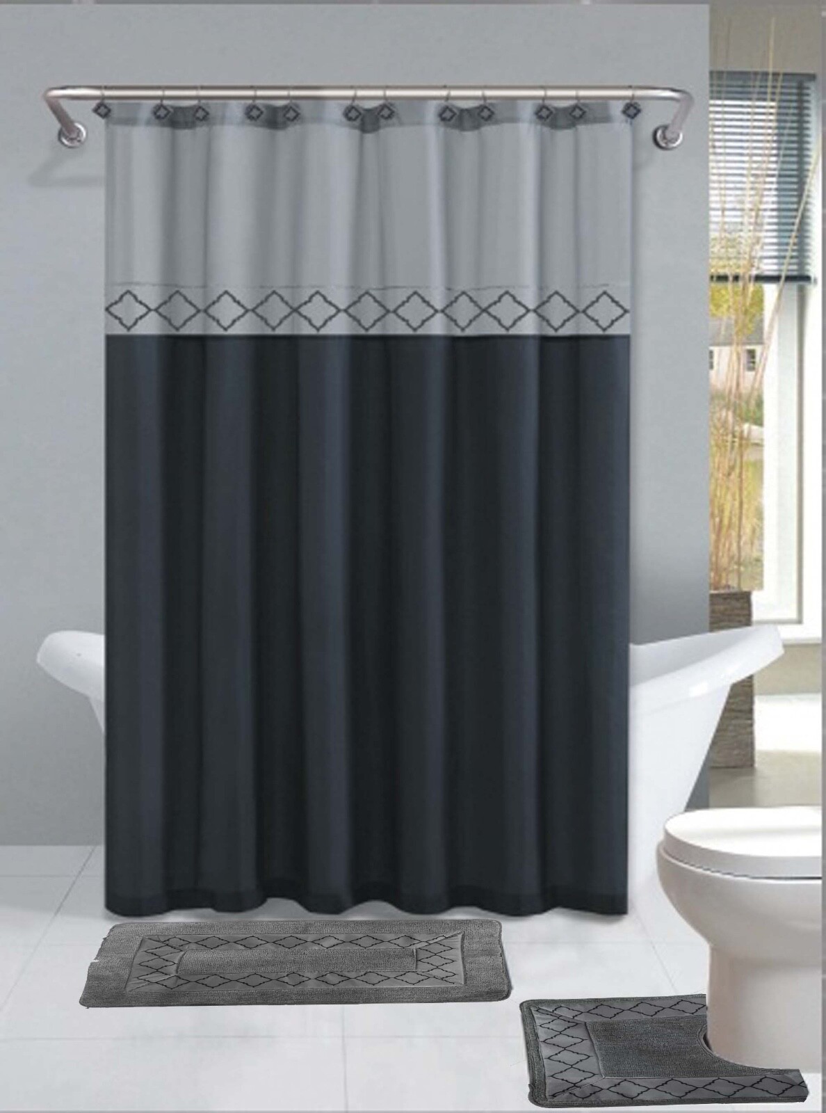 Kadir Black & Gray 15 Piece Bathroom Accessory Set 2 Bath Mats Shower Curtain s l1600