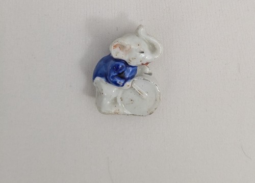 Miniature White Porcelain Elephant Drum Blue Jacket Made in Japan