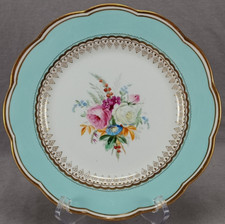 Davenport Hand Painted Pink Rose Floral Aqua & Gold 9 3/8 Inch Plate C1830-1845