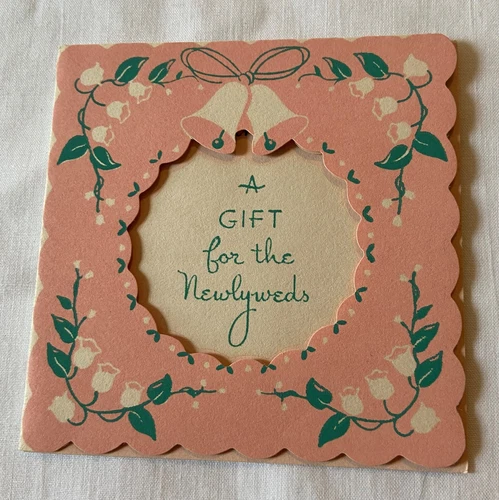 Small Unused Vintage Die Cut Newlyweds Gift Greeting Card Bells w Open Front