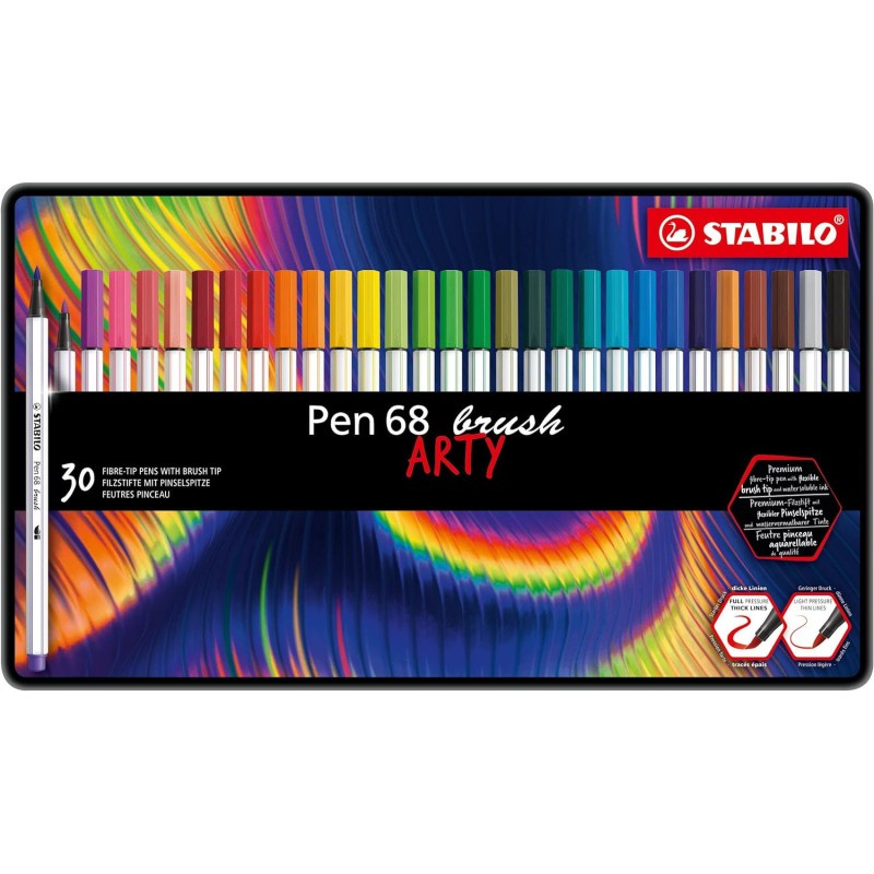 STABILO Pen 68 Brush Arty boite metal 30 feutres aquarellables premium
