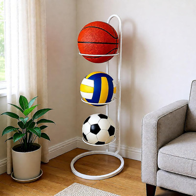 Ball Storage Rack, White Metal, 3-Tier Vertical Organizer for Basketball, Soccer