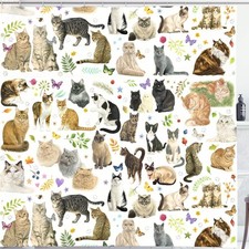 Cat Shower Curtain for Bathroom with Hooks, Cute Cartoon Colorful Kitty with Pet