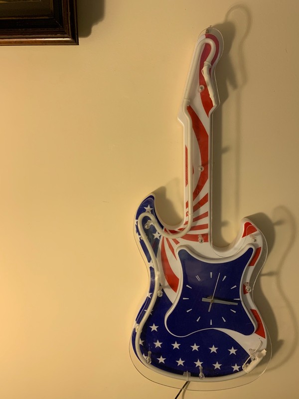 Neon Guitar Clock VTG Red, White, Blue 29” Electric and Battery operated. Tested