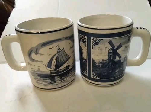 Delft Pottery Hand Painted Holland Coffee Tea Mugs Vintage Blue & White. Nice !!