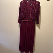 R M Richards long formal Burgundy lace jacket  dress Womens 14 MOB Wedding