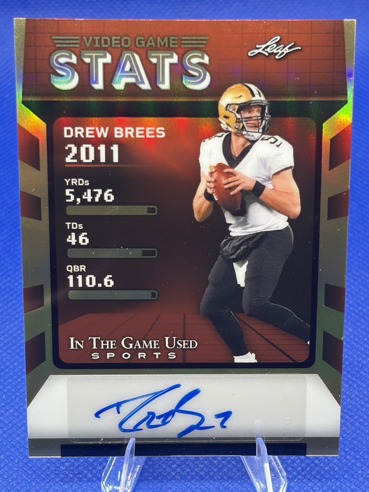 2025 Leaf In The Game Used Drew Brees 2/5 Video Game Stats Auto Saints HOF view 1