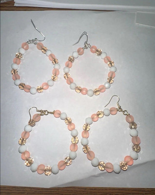 Beaded Hoop Dangle Hook Earrings Lot of 3 Pairs Pink White Glass Round
