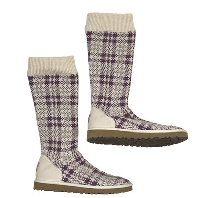 UGG Australia  Jaster Plaid Knit Boots Plum/Ivory Mid calf Pull On Size 9