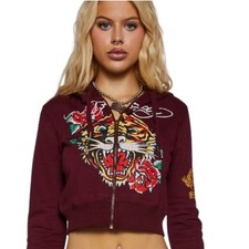 Ed Hardy Retro Tiger Rose Y2K Cropped Zip Hoodie Burgundy Women's Size Medium
