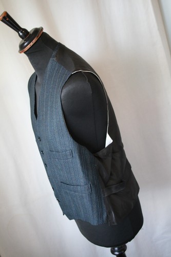 Vtg 1940s blue stripe wool 3 pce suit braces working cuffs 42 W 38 L 30 revival - Picture 21 of 22