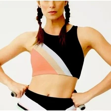 Leonisa Peach White & Black Stripe High Neck Maximum Support Sports Bra Top S